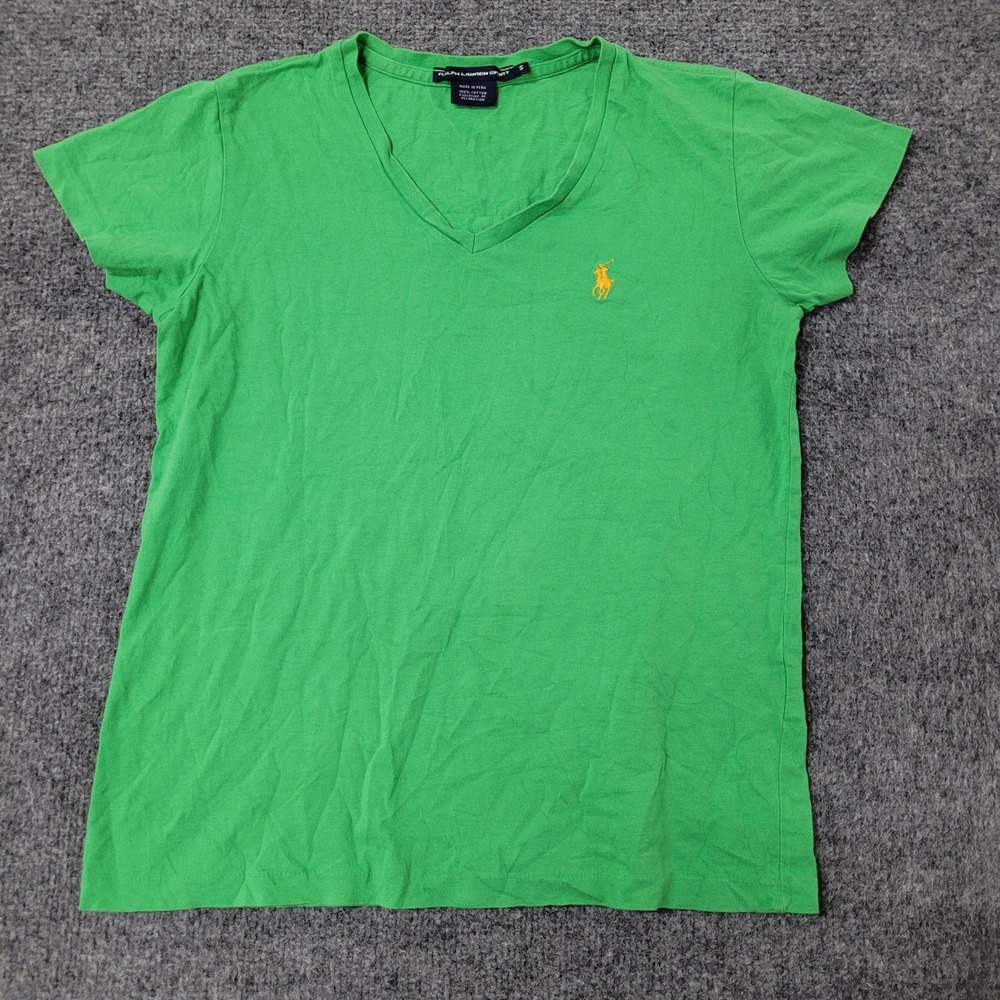 Ralph Lauren Sport T-Shirt Womens Size S Green V-Neck Cotton Pony Logo Casual